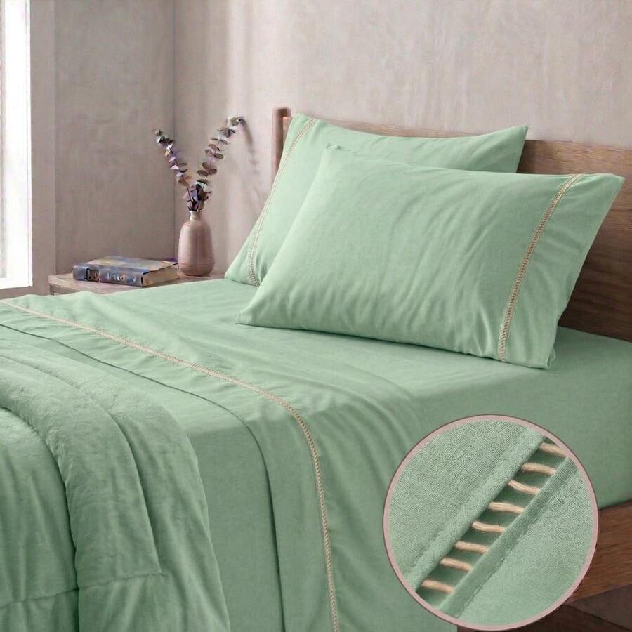 400 Thread Count 3-Piece Bedding Set With Fitted Sheet And Pillowcases, Soft Touch, Everyday Comfort, Single, Full, Queen, King - 淺綠色 - 查看 1