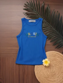 Women's Tank Top Summer 2026 With "BRAZIL" Embroidered Print, Ribbed Knit Fabric - AZUL 2 - Xem 2
