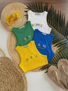 Kit Of 4 Women's Tank Tops Summer 2026 With "Brazil" Embroidered Print, Ribbed Knit - XANH DƯƠNG/VÀNG/TRẮNG/XANH LÁ CÂY - Xem 4