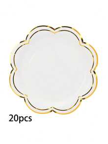 10 pièces/20 pièces/50 pièces Assiettes en papier jetables de 7 pouces avec bord gaufré blanc et doré, convient pour les thés, anniversaires, réceptions de mariage - Blanc - Voir 11