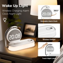 5-In-1 Alarm Clock Night Light, 15W Wireless Charging Station, 360° Rotatable Digital Clock, Dimmable Warm Touch Lamp, Alarm, Time Date Display, USB-C Power, Overcharge Overheat Protection For Bedroom Bedside Desk Decor - 1PC - 查看 4