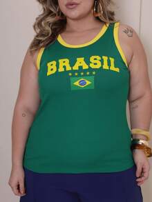 Women's Plus Size Two-Tone Ribbed Tank Top With Brazil Flag Print - World Cup 2026 - Lá cờ xanh - Xem 5