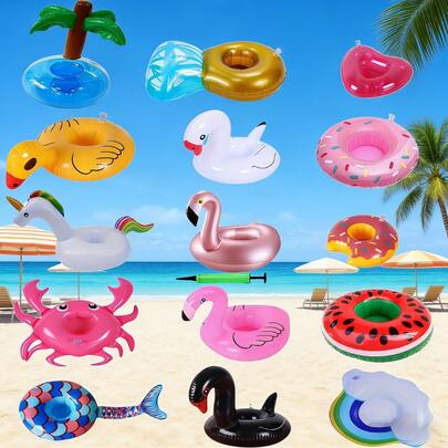 2/12个装充气泳池杯架，带充气泵，完美的母亲节礼物，泳池沙滩派对漂浮饮料杯垫，可爱火烈鸟/爱心/椰子树图案，防滑PVC材质，便携易收纳，理想的妈妈家居装饰礼物