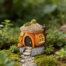 1pc Resin Creative Micro Landscape Stone Window/Grass Hut Pumpkin House Home Garden Yard Decor Ornament (Handpainted Craft, Slight Color Variation Due To Batch Difference) - Thatched Hut and Pumpkin House - View 1