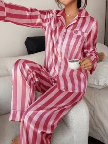 Dreamivo 2pcs/Set Women Striped Long Sleeve Pajama Set - Baby Pink - View 6