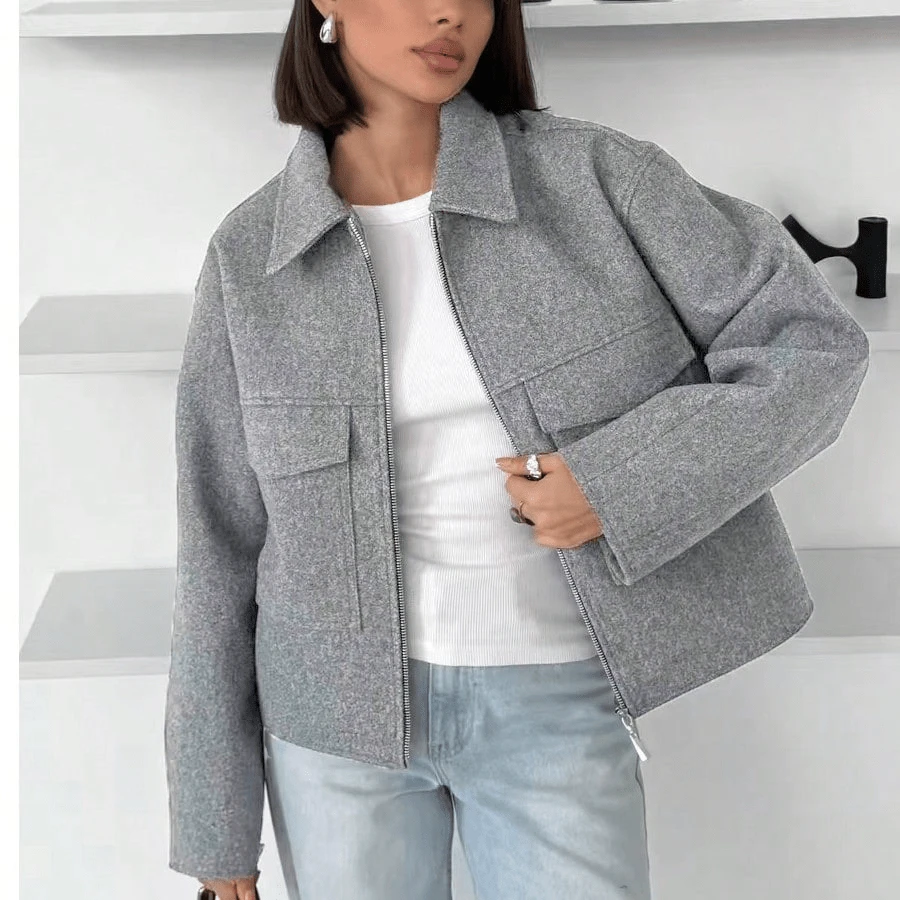 Áo khoác dài màu xám thanh lịch dành cho nữ, có cổ, tay dài rũ vai, dáng suông, khóa kéo phía trước và có túi, thích hợp cho lễ Ramadan hoặc lễ Eid Al-Adha. - Màu Xám nhạt - Xem 1