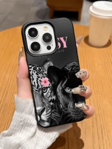1pc Black Flower & Leopard Print Minimalist TPU Shockproof Full Coverage Phone Case Compatible With Apple 17, 16, 15, 14, 13, 12, 11 Pro Max, Air - Multicolor - View 3