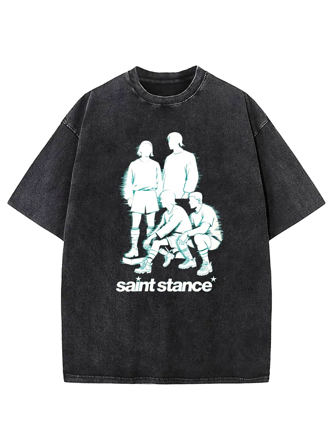 Summer Tops Summer Tops Vintage Wash T-Shirt With Light Blue Graphic| Crew Neck, Short Sleeves, 'Saint Stance' Design, Stylish Human Figures, Perfect Casual Wear For Summer, Ideal Gift For Friends, Family, Birthdays Or Any Special Occasion Summer Clothes  Summer Clothes - 黑色 - 查看 1