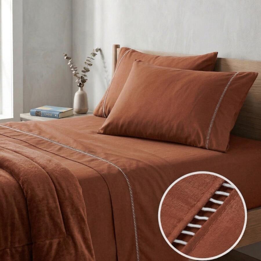400 Thread Count 3-Piece Bedding Set With Fitted Sheet And Pillowcases, Soft Touch, Everyday Comfort, Single, Full, Queen, King - Terracotta - View 1