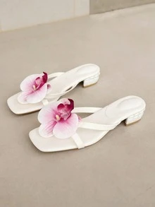 夏季新款大码软皮方头凉鞋，人字拖猫跟凉鞋，百搭细高跟人字拖女鞋 - 白色 - 查看 8