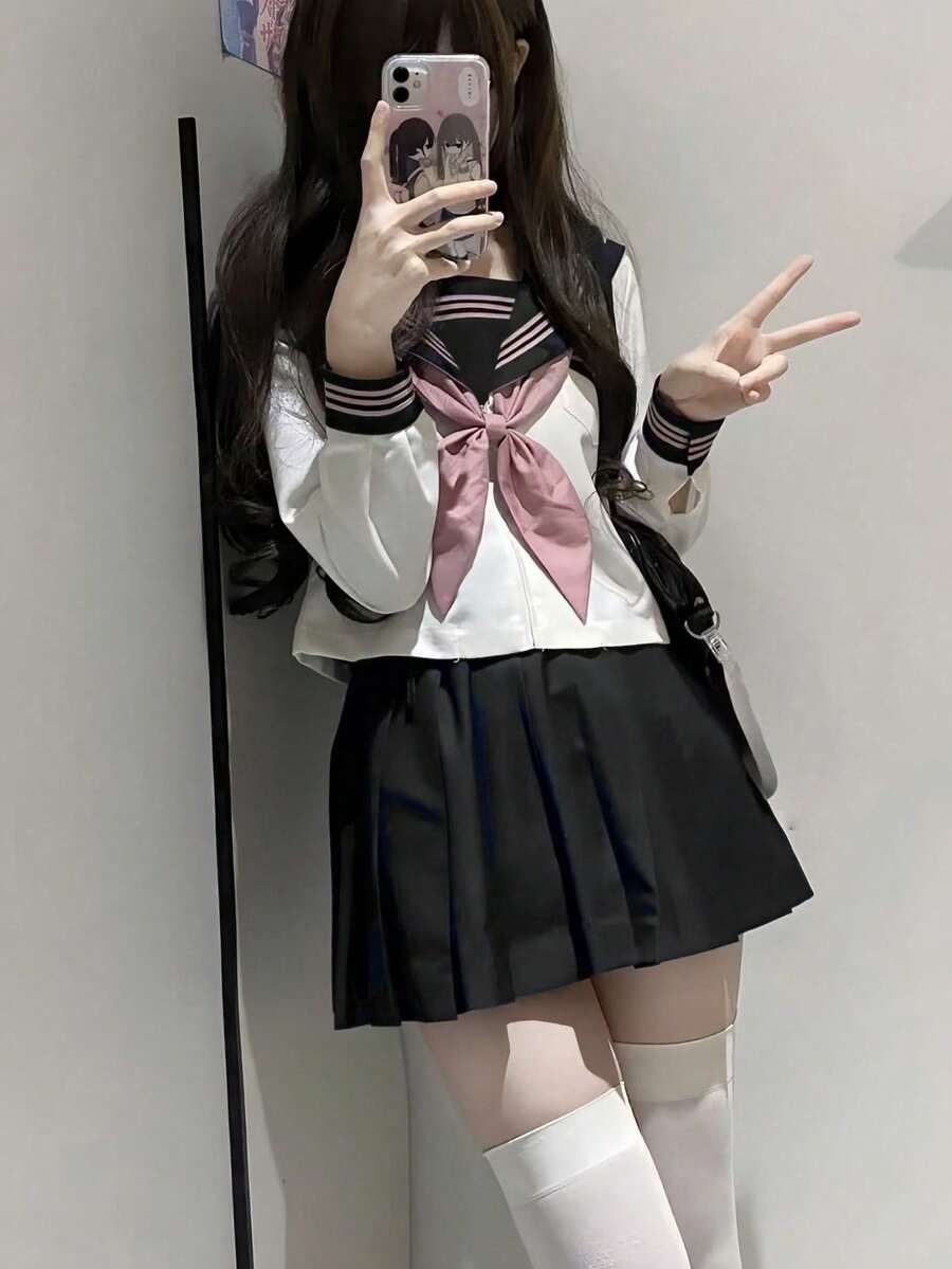 Bộ đồng phục học sinh nữ kiểu Nhật Kawaii mùa Xuân/Thu, màu xanh hải quân, tay dài, thích hợp cho hóa trang học sinh, cosplay tốt nghiệp, tiệc hóa trang, trang phục ngày Valentine. - Nhiều màu - Xem 1