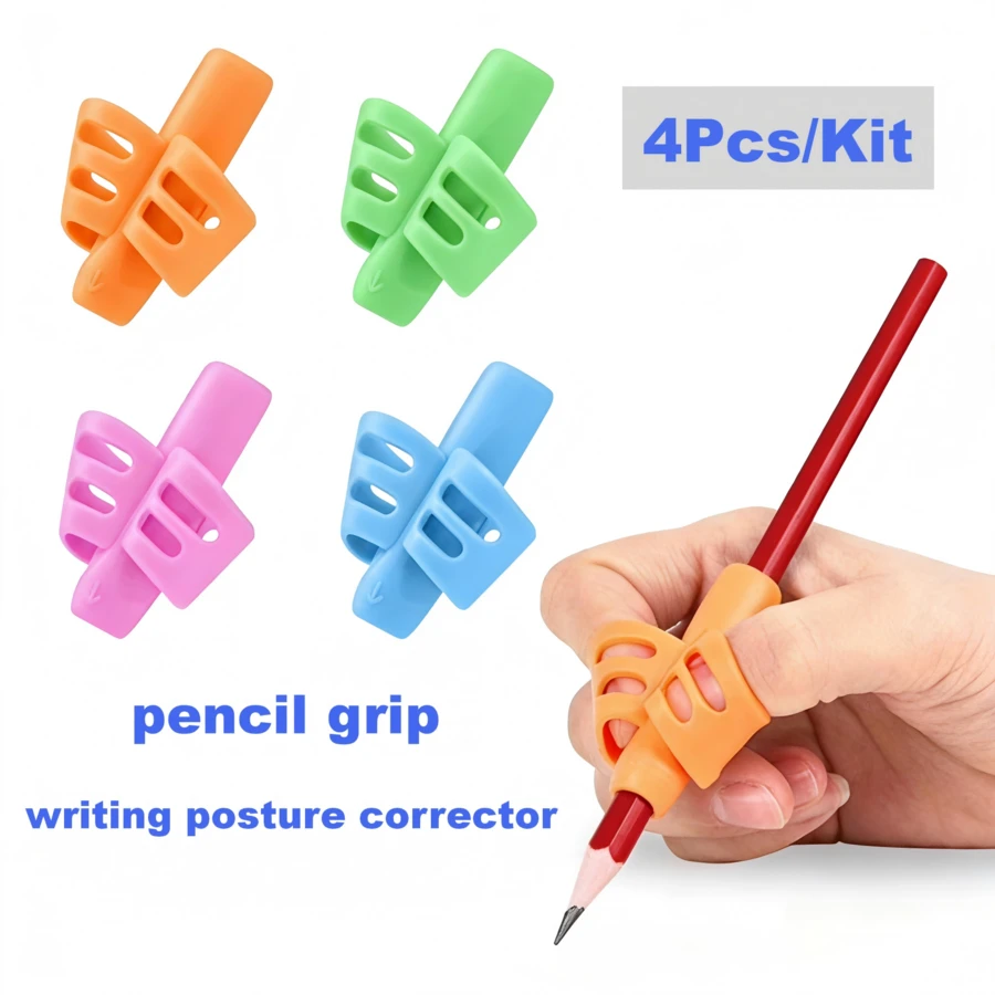 Set de 4 correctores de agarre de lápiz, soporte de lápiz de silicona suave, herramienta de ayuda para la corrección de la postura de escritura, adecuada para preescolares y estudiantes de 3 a 10 años de edad