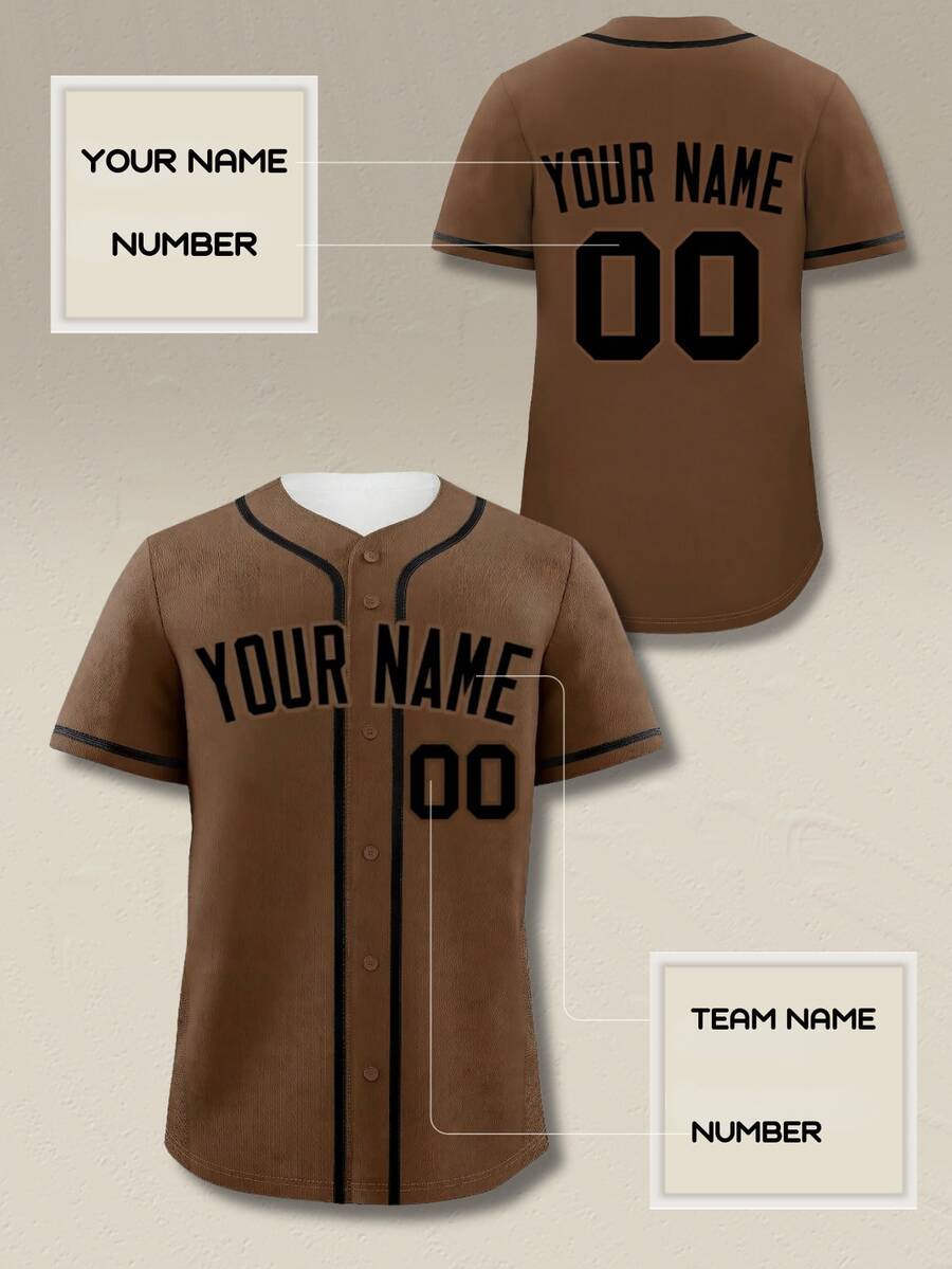 Customizable Men's Earth-Tone Baseball Jersey-Personalized Name & Number Mocha Brown Shirt,Vintage Varsity Button-Down, Streetwear Neutral Top
