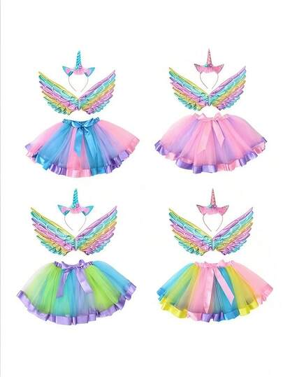 Bộ trang phục hóa trang Halloween/Giáng sinh mới gồm 1/2 món: Băng đô hình kỳ lân, cánh thiên thần, viền váy nhiều màu sắc, bộ đũa phép thuật, thích hợp cho các lễ hội hóa trang Halloween, Giáng sinh và các sự kiện lễ hội.