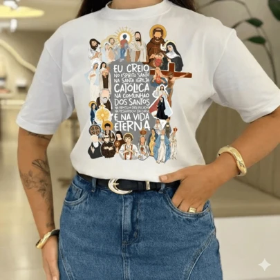 Camiseta Algodão Premium Adulto Feminina Igreja Eu Creio Espirito Santo Deus Religioso Cristão Católico Infantil Streetwear Plus Size Até G5 342
