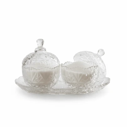 OneBag Sugar Bowl Set 3 Pcs Glass Sweet Sugar Bowl With Lid, Tray Crystal Effect Candy Bonbon Dish Jar