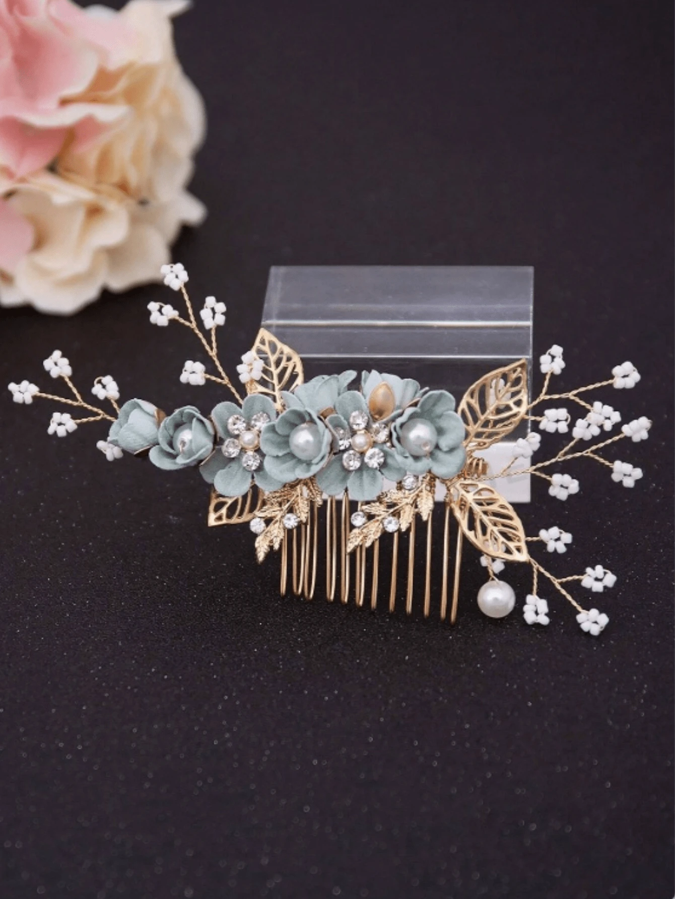 1. Lược cài tóc thủ công bằng chỉ vàng, màu xanh lá nhạt, đính hoa và ngọc trai dành cho nữ. - màu xanh lá - Xem 1