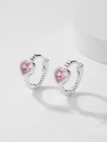 1 Đôi bông tai bạc S925 kiểu dáng tối giản hình trái tim màu hồng đính đá Zirconia, quà tặng lý tưởng cho kỳ nghỉ và hẹn hò dành cho nữ. - Vàng - Xem 1