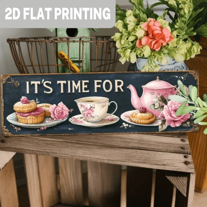 1 biển hiệu sắt in 2D kiểu cổ điển "Giờ uống trà", thiết kế hoa hồng - Tấm trang trí treo tường, thích hợp cho nhà bếp, phòng ăn, quán cà phê, phòng trà hoặc quán cà phê, trang trí tường quán cà phê | Trang trí thanh lịch | Phông chữ thanh lịch, trang trí phòng trà