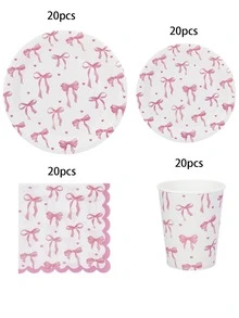 10pcs/20pcs/50pcs/80pcs Pink Bow Party Tableware Set - 9 /7 Inch Paper Dessert Plates ,Paper Cups ,Scalloped Edge Paper Napkins - Watercolor Pink Bow Heart Pattern Fancy Tableware For Coquette Bridal Shower, Princess Birthday, Tea Party Wedding Decor - Multicolor - View 8