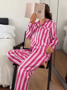 Dreamivo Set de 2 piezas de pijama de mujer de manga larga a rayas - Rosa Fucsia - Ver 6