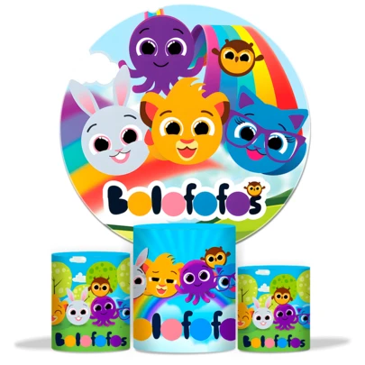 Kit Festa BOLOFOFOS Painel Redondo + 3 Cilindros - Tecido Premium Lavável (Não Amassa)