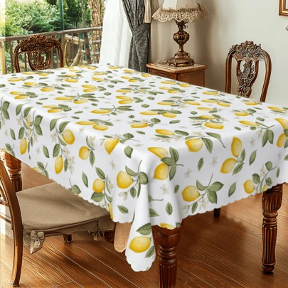 1pc Lemon Tablecloth, Spring Home Decor, Yellow, Green Leaves And White Flower Kitchen Tablecloth, Dining Room Decor, Suitable For Wedding, Birthday, Housewarming Party, Kitchen And Picnic Use