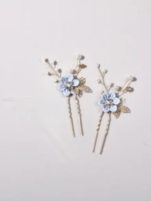 3pcs/Set Bridal Wedding Crystal Pearl Flower Alloy Leaf Hair Clip Set - Baby Blue - View 3