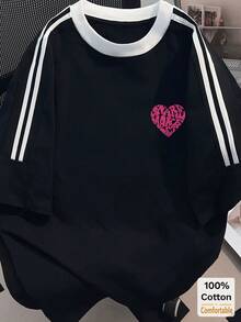 “情书”印花短袖中长款T恤，时尚撞色条纹黑色休闲上衣 - 黑色 - 查看 5