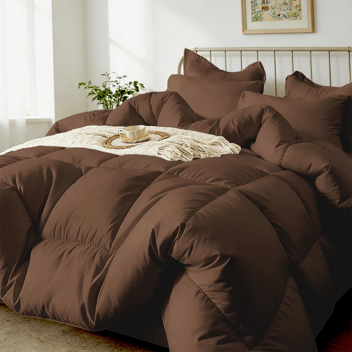 7-Pcs Or 5-Pcs Soft And Breathable Checkered Comforter Sets Queen, As A Family Gift. Includes Fitted Sheet, Flat Sheet, Pillowcase And Comforter, Bed In A Bag, A Luxurious Bedding Set, Machine Washable - Dark Brown - View 1