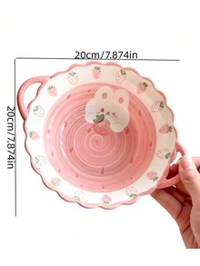 1个手绘兔子草莓图案陶瓷双耳碗，可爱兔子草莓拉面/汤碗，大容量意面/主菜/水果沙拉碗，适用于餐厅、客厅、咖啡厅 - 粉色 - 查看 2
