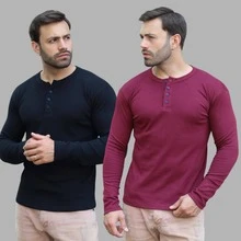 KIT 2 Men's Slim Fit Henley T-Shirt Long Sleeve 4 Buttons J SILVER - Portuguese Collar - Various Colors - 黑色,酒紅色 - 查看 1