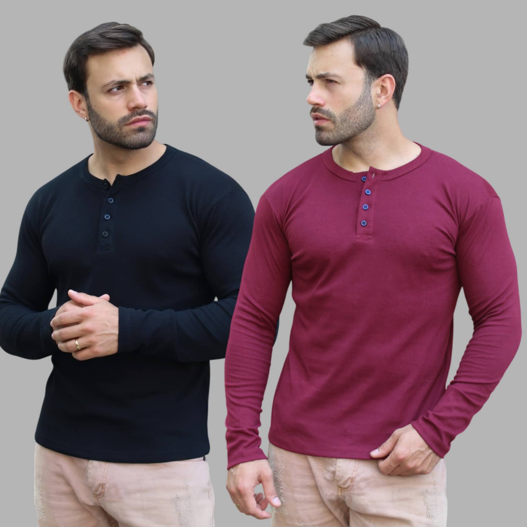 KIT 2 Men's Slim Fit Henley T-Shirt Long Sleeve 4 Buttons J SILVER - Portuguese Collar - Various Colors - 黑色,酒紅色 - 查看 1