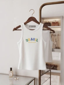 Women's Tank Top Summer 2026 With "BRAZIL" Embroidered Ribbed Knit - BRANCO 2 - View 4