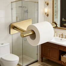 1pc Stainless Steel Wall-Mounted Toilet Paper Holder, Black & Gold Self-Adhesive No-Drill Toilet Paper Rack, Waterproof Paper Towel Storage Rack, Towel Rack Bathroom Accessories No-Drill Wall-Mounted Storage Shelf, Toilet Paper Storage Rack, Bathroom Hardware - Type B (multi-color) - View 5