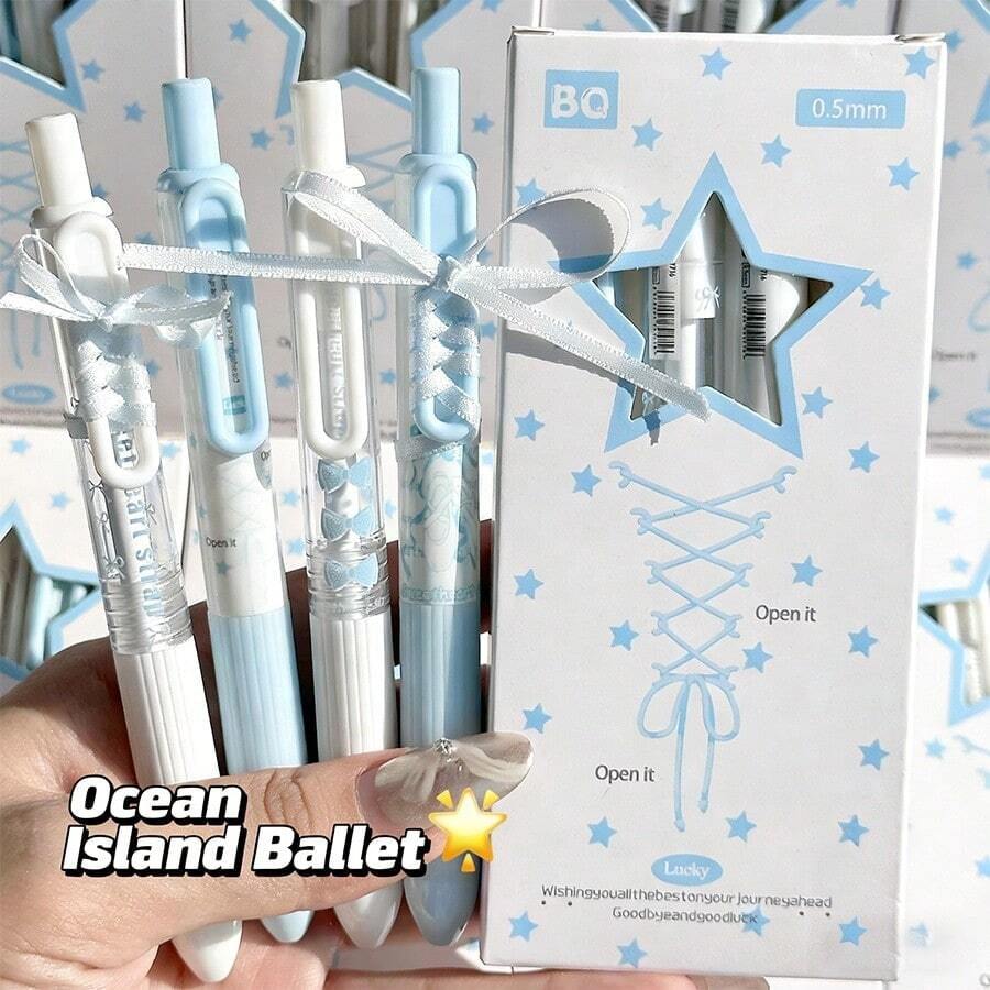 Bộ 4 bút bi mực đen 0.5mm kiểu dáng ba lê màu xanh dương và trắng dễ thương, thân bút thiết kế nơ, nút bấm, văn phòng phẩm cho học sinh, quà tặng tựu trường [Ba lê ngọt ngào] - Màu xanh ba lê - Xem 1