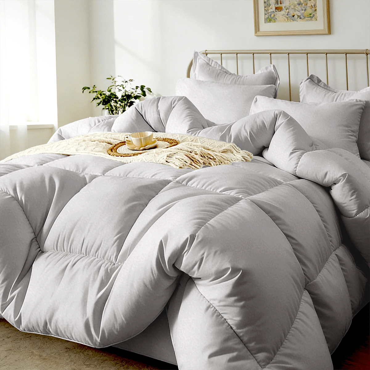 7-Pcs Or 5-Pcs Soft And Breathable Checkered Comforter Sets Queen, As A Family Gift. Includes Fitted Sheet, Flat Sheet, Pillowcase And Comforter, Bed In A Bag, A Luxurious Bedding Set, Machine Washable - Màu Xám nhạt - Xem 1