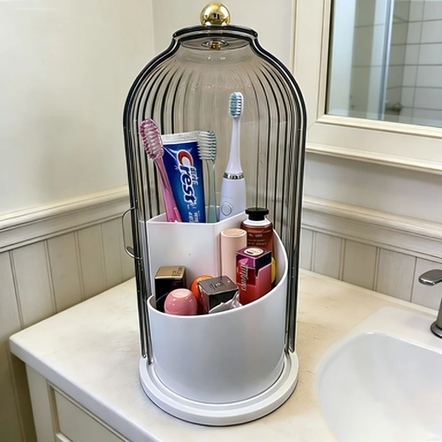 Bathroom Sink Organizer,Premium ABS Plastic Bathroom Organizer Caddy,Multi-Use Countertop Storage Stand,Toothbrushes Storage,Toothpaste Tubes Organizer,Home Bathroom Organizer,Dorm Bathroom Caddy,Apartment Vanity Organizer,Family Bathroom Storage,Personal Use Bathroom Organizer,Daily Use Bathroom Storage,Non-Slip Base,360° Rotating Design,3 Slots Storage,Sliding Lid,Dustproof,Easy To Clean,Stylish Appearance,Space-Saving Design,Premium ABS Plastic,Durable,Sturdy,Lightweight,Waterproof,Easy To Install,No Complex Steps,Reusable,Long Service Life,Compact Size,Portable,Multi-Scene Use,Vanity Counter Storage Solution - Xám - Xem 1