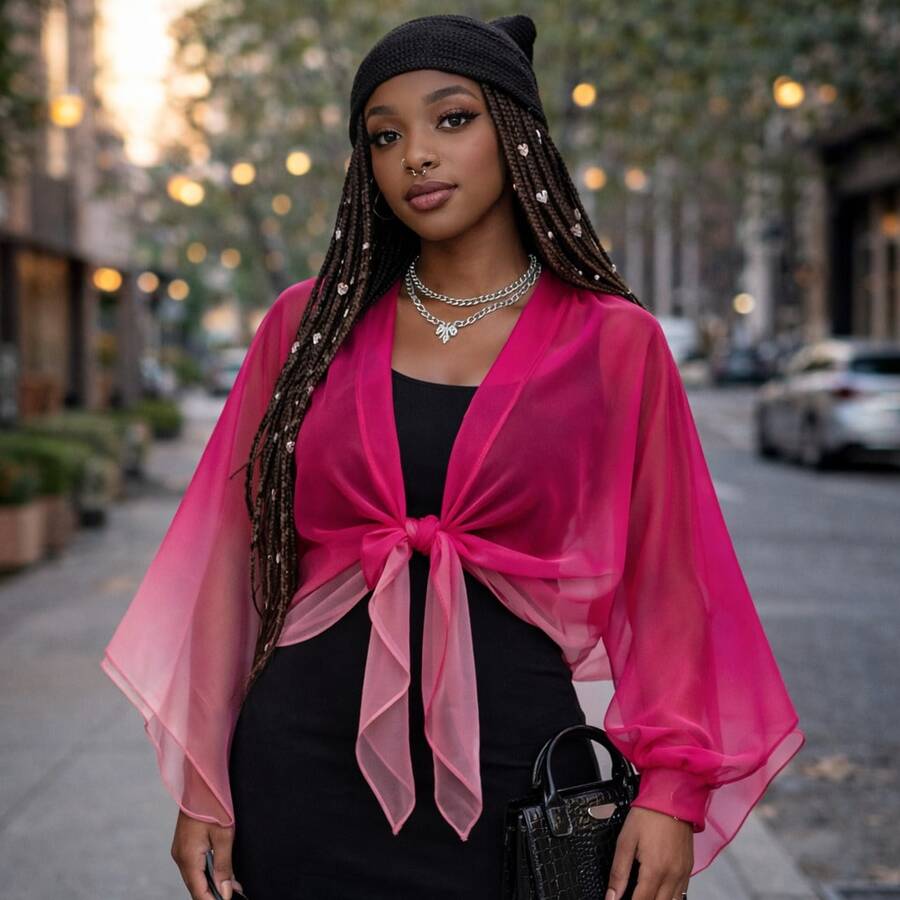 1pc Chiffon Shawl Cover Up For Women, Short Lightweight Shrug For Spring/Summer, Versatile Beach Cover Up, Sun Protection - Xám - Xem 1