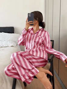 Dreamivo 2pcs/Set Women Striped Long Sleeve Pajama Set - Baby Pink - View 1