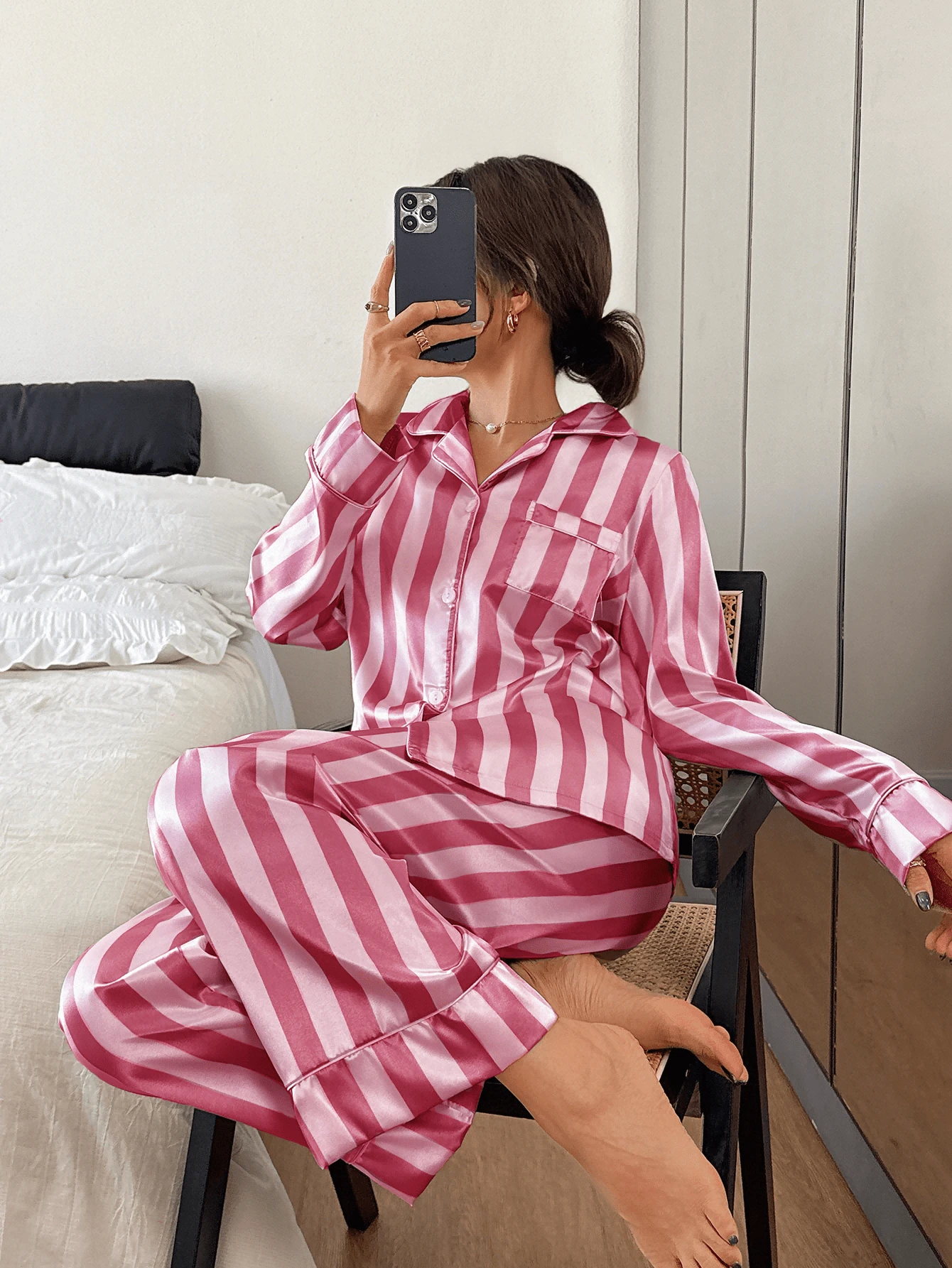 Dreamivo 2pcs/Set Women Striped Long Sleeve Pajama Set - Baby Pink - View 1