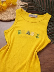 Women's Tank Top Summer 2026 With "BRAZIL" Embroidered On Ribbed Knit Fabric. - YELLOW - View 4