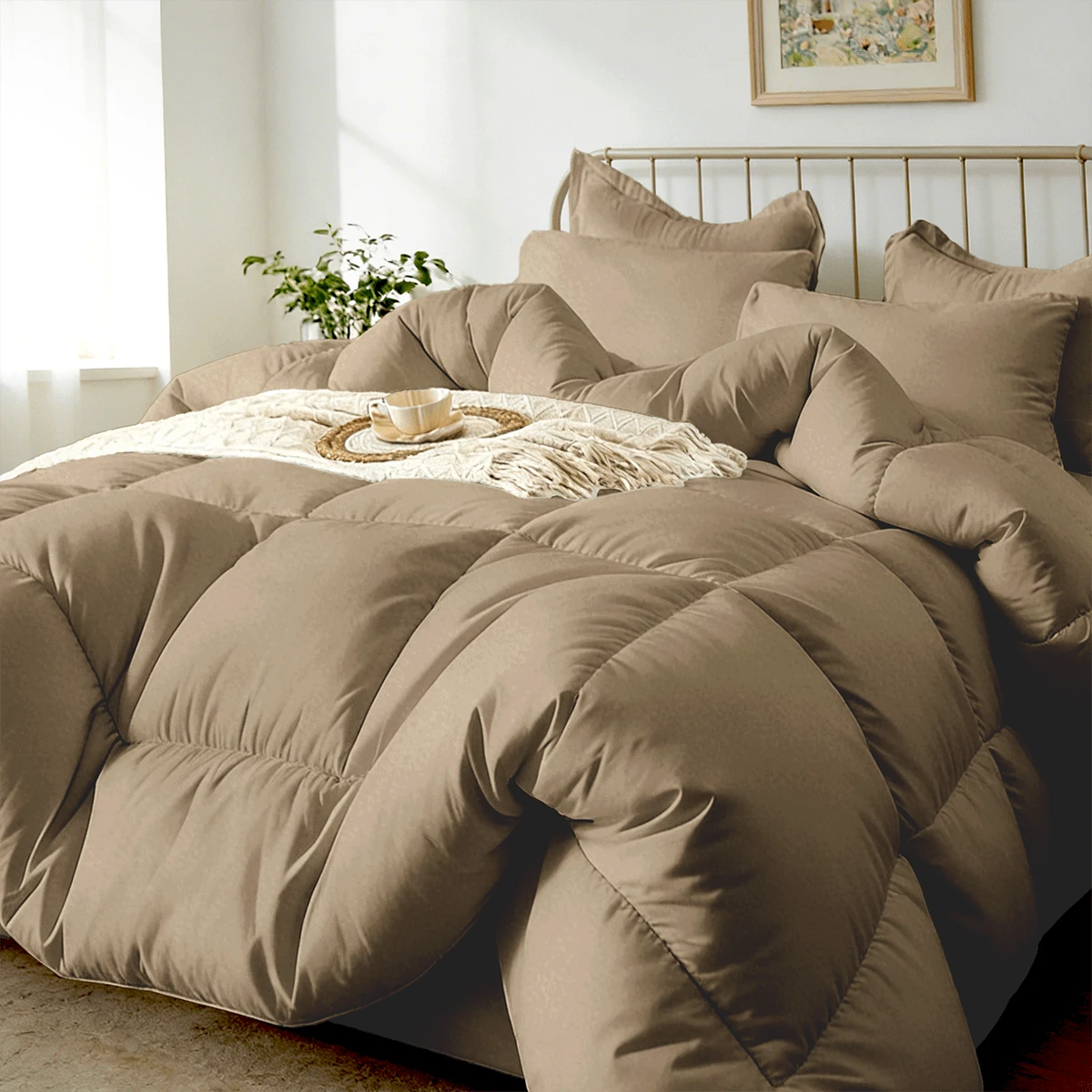 7-Pcs Or 5-Pcs Soft And Breathable Checkered Comforter Sets Queen, As A Family Gift. Includes Fitted Sheet, Flat Sheet, Pillowcase And Comforter, Bed In A Bag, A Luxurious Bedding Set, Machine Washable - màu kaki đậm - Xem 1