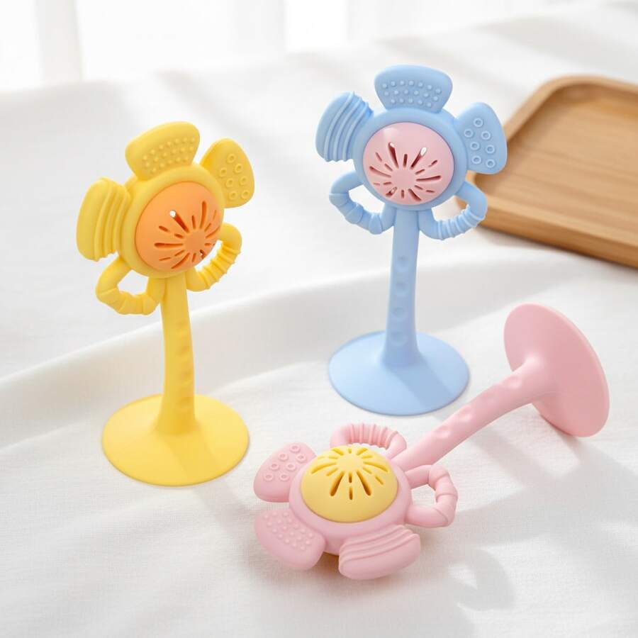 Silicone Flower Baby Teether Rattle With Suction Cup Sensory Chew Toy