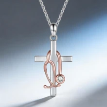 Dây chuyền mặt dây chuyền hình thánh giá ống nghe y tế thiết kế độc đáo dành cho nữ - Hoa hồng vàng - Xem 4