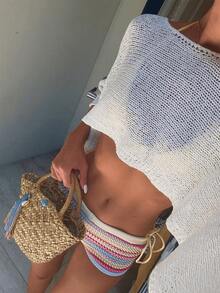 女士性感针织短款上衣，船领无袖半透明中弹，适合春夏通勤度假穿着 - 白色 - 查看 4