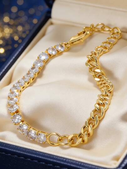 Women's Gold-Plated Half Cuban Chain & Half Tennis Chain Bracelet, Adorned With Round Cubic Zirconia, Minimalist Elegant Style, Suitable For Daily Commute And Workwear, An Ideal Gift For Fashion Enthusiasts