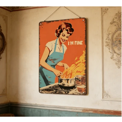 Biển hiệu kim loại nhôm ngộ nghĩnh dành cho nhà bếp, biển hiệu thiếc hình ngọn lửa nấu ăn kiểu cổ điển "Tôi ổn", món quà tuyệt vời cho người nội trợ và những người yêu thích trang trí retro.