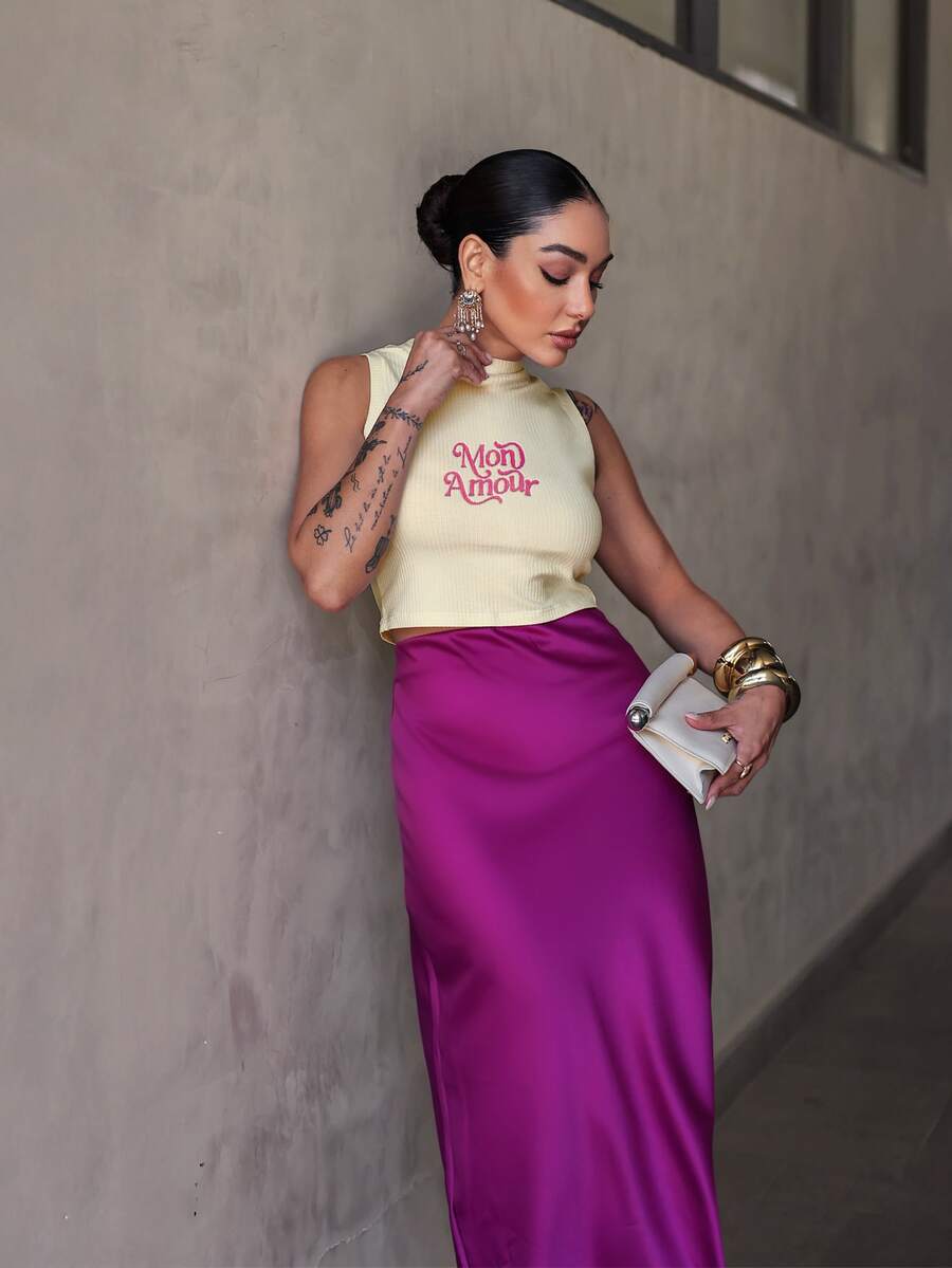 Satin Midi Skirt With Elastic Waistband - 玫瑰紅 - 查看 1
