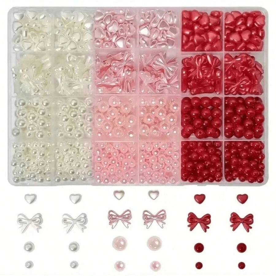 Bộ 750 hạt acrylic hình trái tim và nơ, dùng để tự làm vòng tay, vòng cổ, bông tai, dây đeo điện thoại và các loại trang sức khác. - Nhiều màu - Xem 1